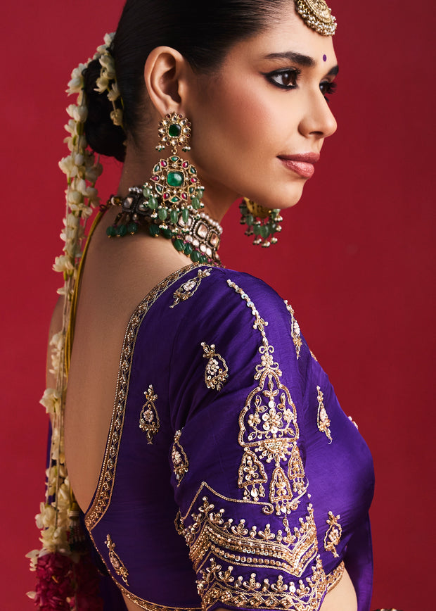 Royal Purple Embroidered Soft Silk Saree With Contrast Blouse