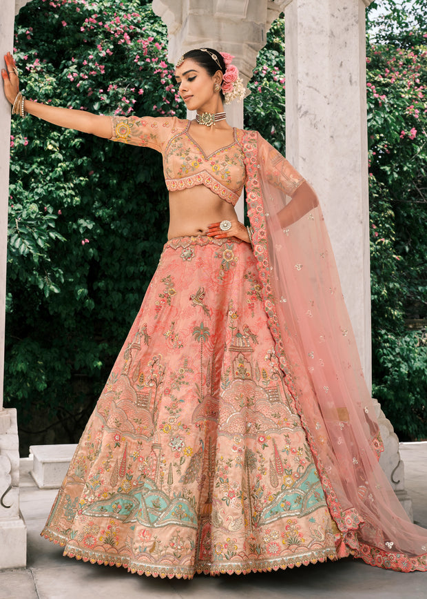 Coral Peach Heavy Embroidered Designer Lehenga