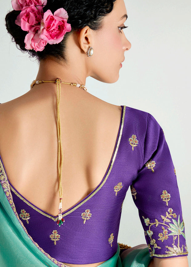 Bright Purple Ombre Tissue Designer Tissue Saree With Embroidered Blouse