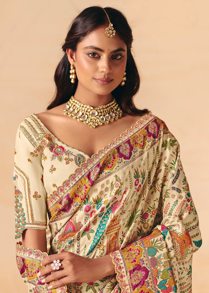 Cream White Designer Embroidered Saree
