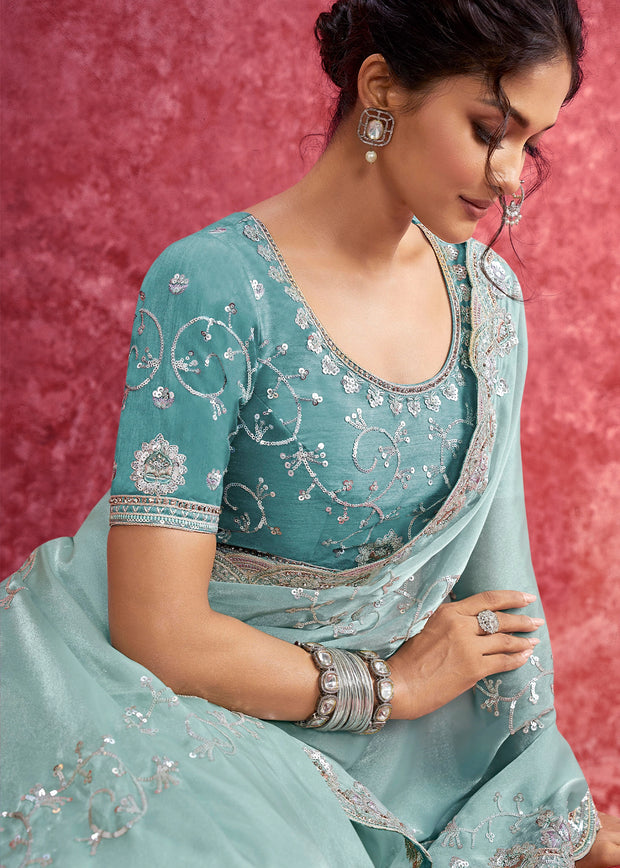 Aqua Blue Embroidered Designer Saree