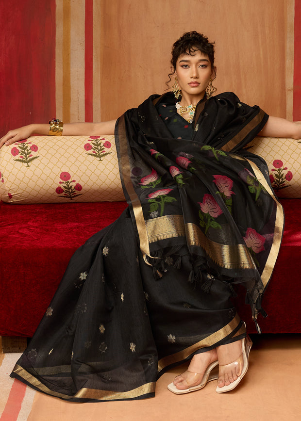 Jet Black Woven Cotton Organza Saree