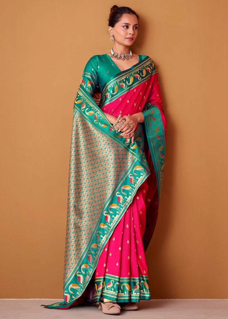 Raspberry Pink Woven Banarasi Silk Saree