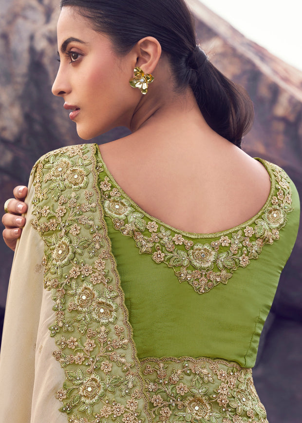 Green & Cream Woven Embroidered Tissue Silk Saree