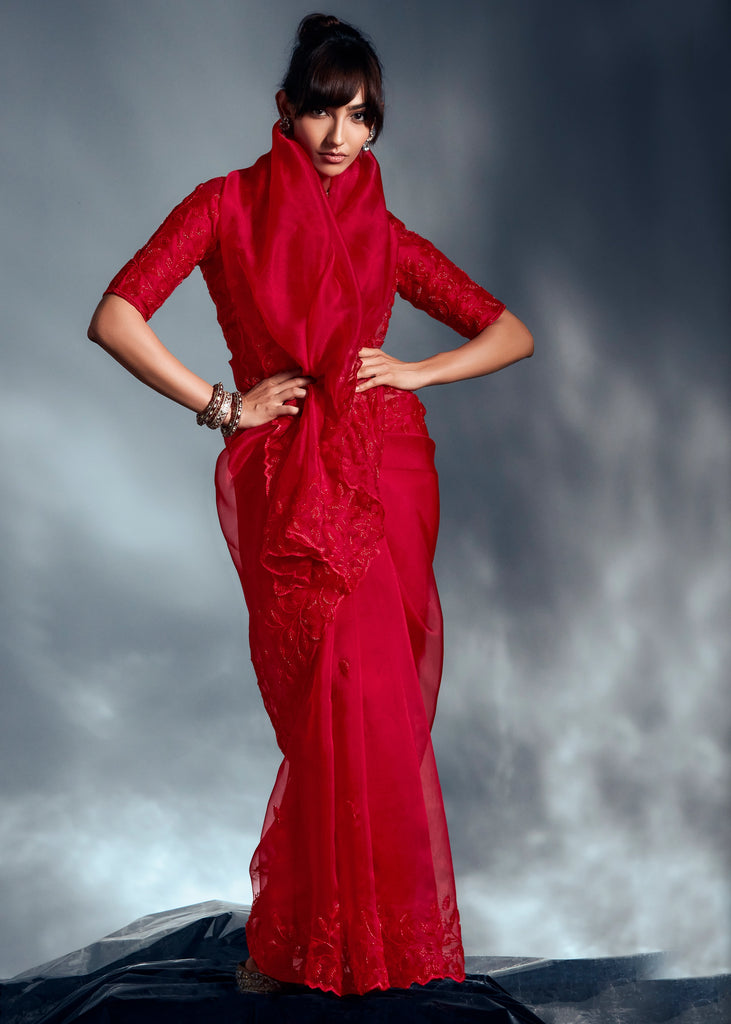 Poppy Red Designer Silk Saree