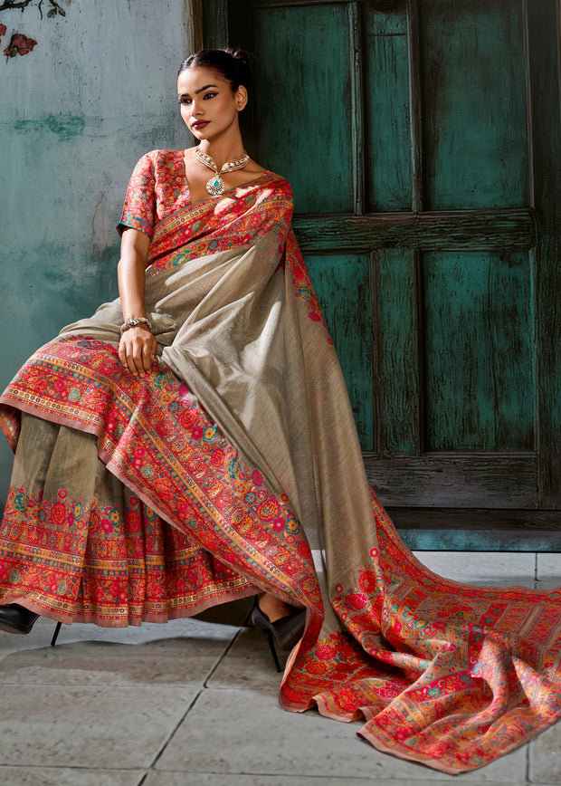 Grey Woven Cotton Kashmiri Jamewar Saree