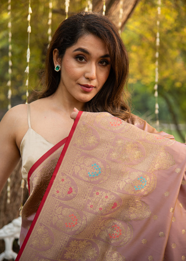 Meneka lilac Banarasi Katan silk saree with handwoven motifs in pure mulberry silk