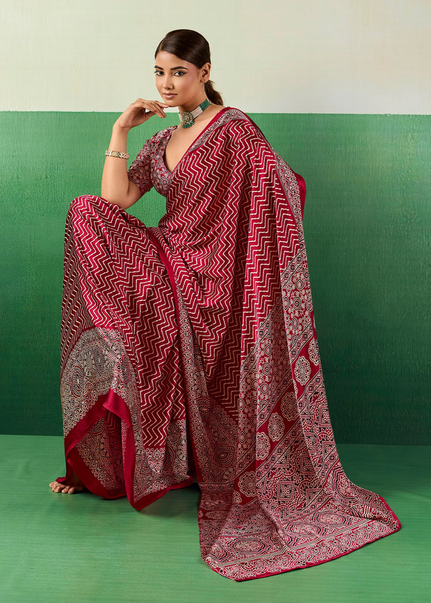 Deep Red Printed Satin Silk Saree