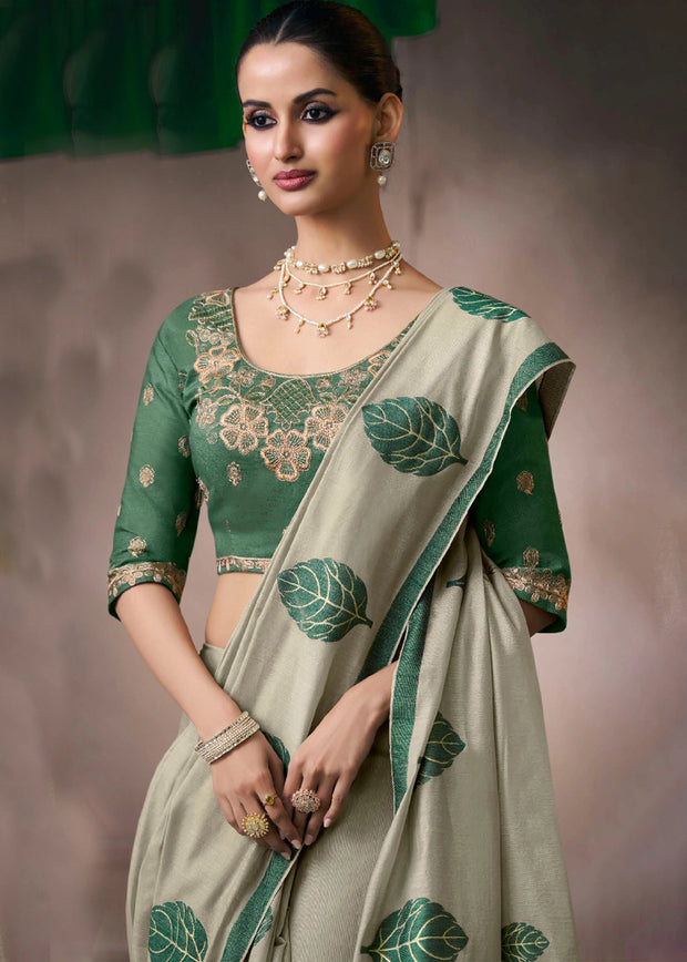 “Exclusive Offer” : Sage Green Woven Cotton Silk Saree