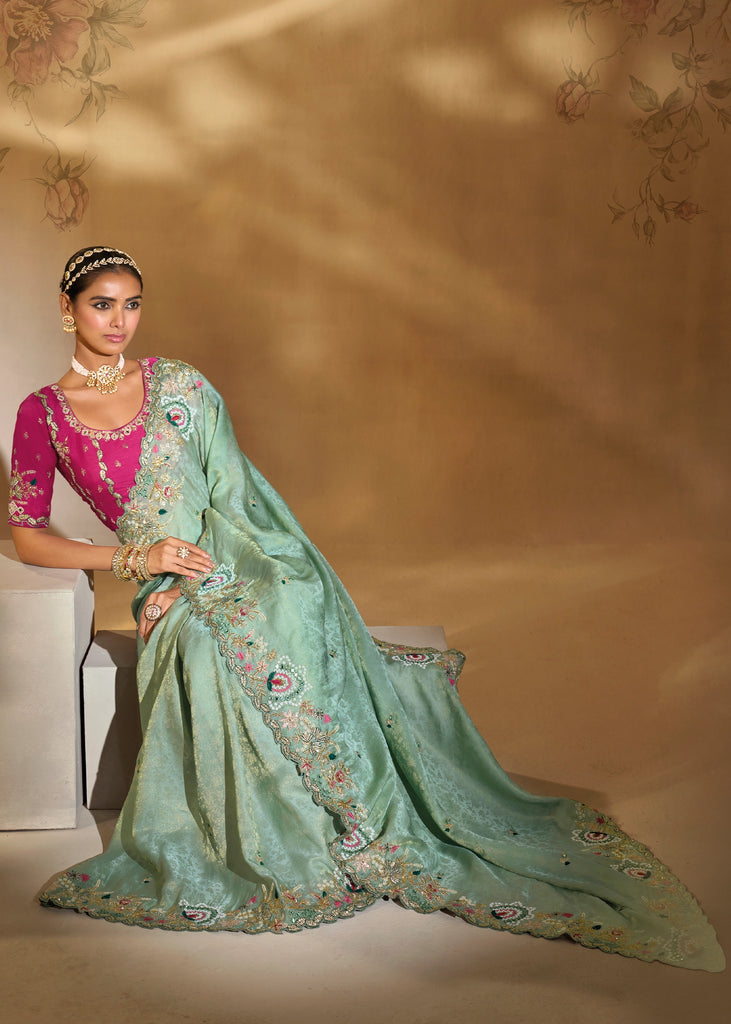 Mint Green Embroidered Kanjivaram Silk Saree