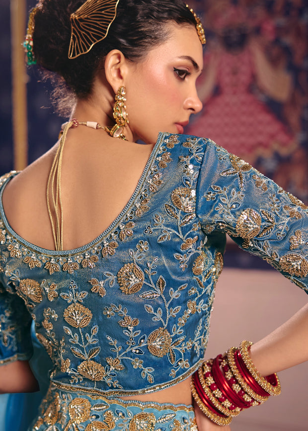 Sky Blue Embroidered Tissue Designer Saree