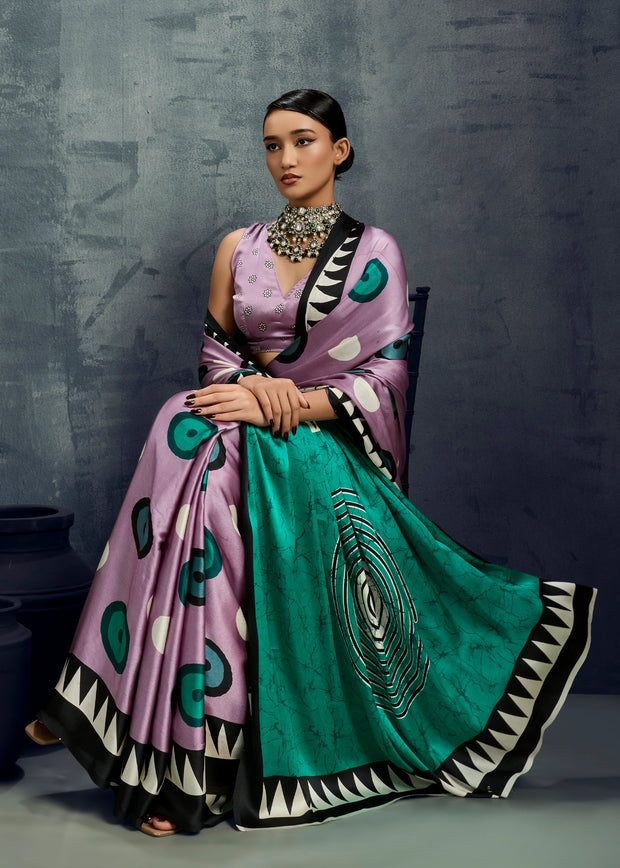 Dusky Lavender Printed Satin Silk Saree