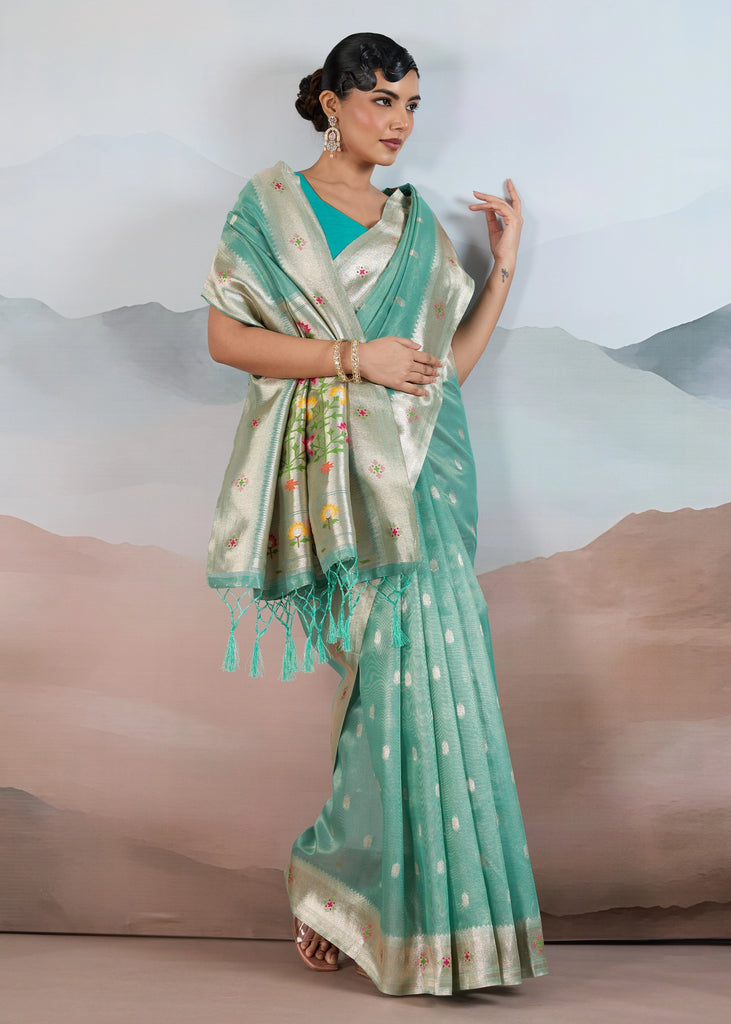 Ocean Green Woven Banarasi Tissue Silk Saree