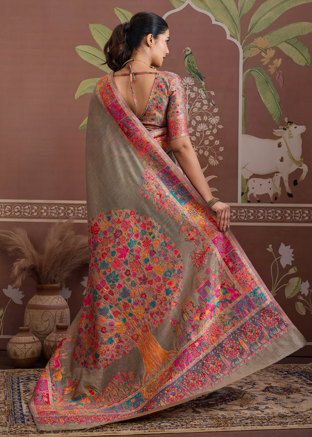 Fossil Grey Woven Cotton Kashmiri Jamewar Saree