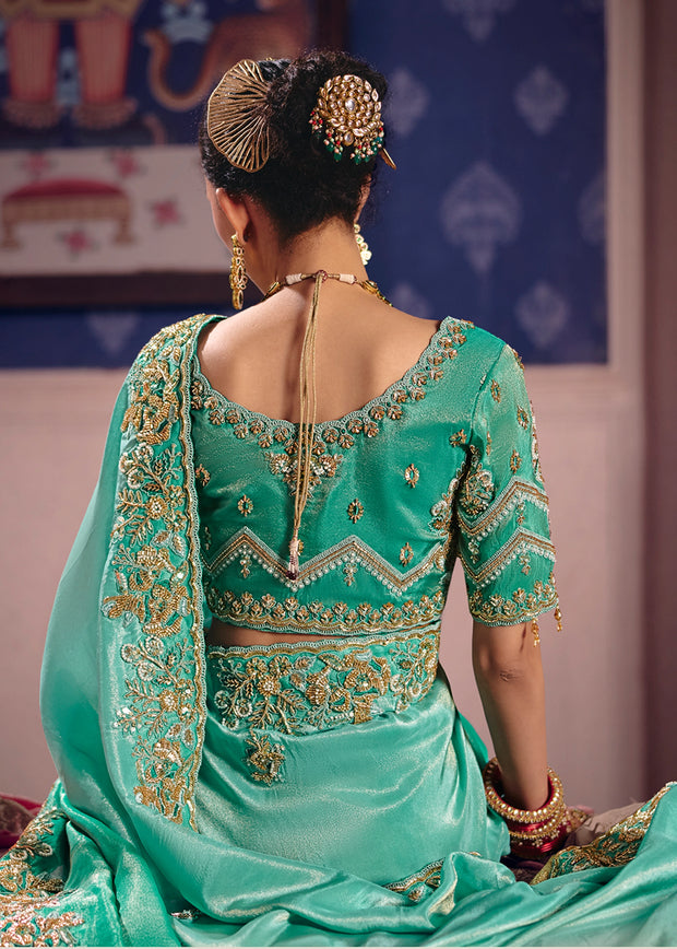 Sea Green Embroidered Tissue Designer Saree