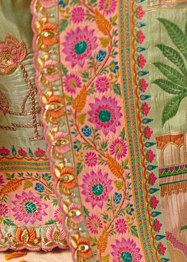 Ice Green Designer Embroidered Saree