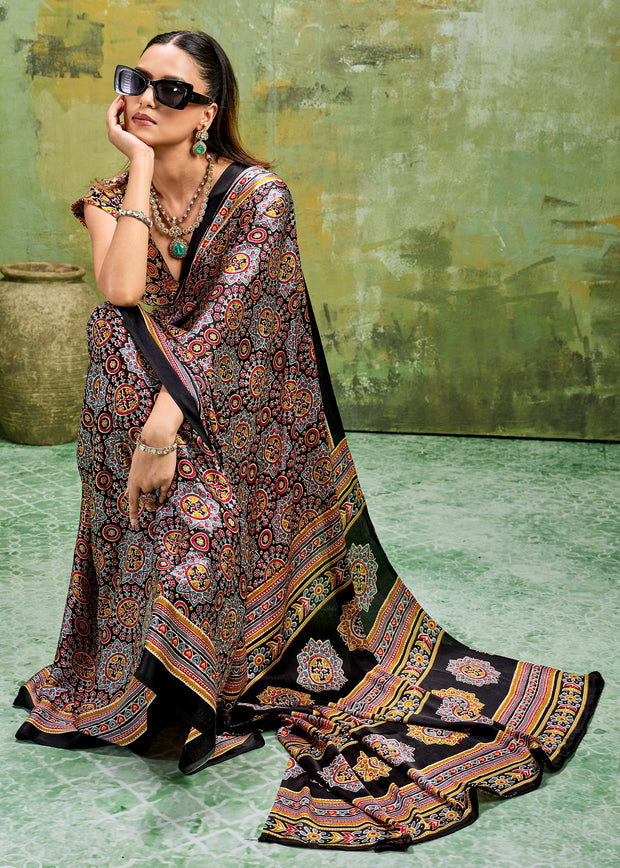 Black Printed Satin Silk Saree