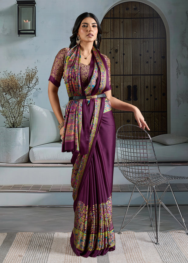 Berry Purple Printed Satin Silk Saree