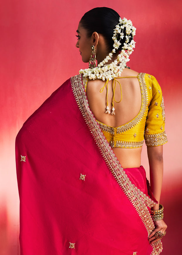 Fuchsia Pink Embroidered Soft Silk Saree With Contrast Blouse