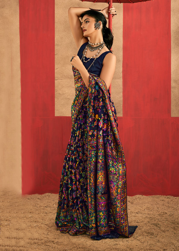 Dark Blue Woven Kashmiri Jamewar Silk Saree