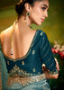 Storm Blue Heavy Embroidered Designer Silk Saree With contrast Blouse
