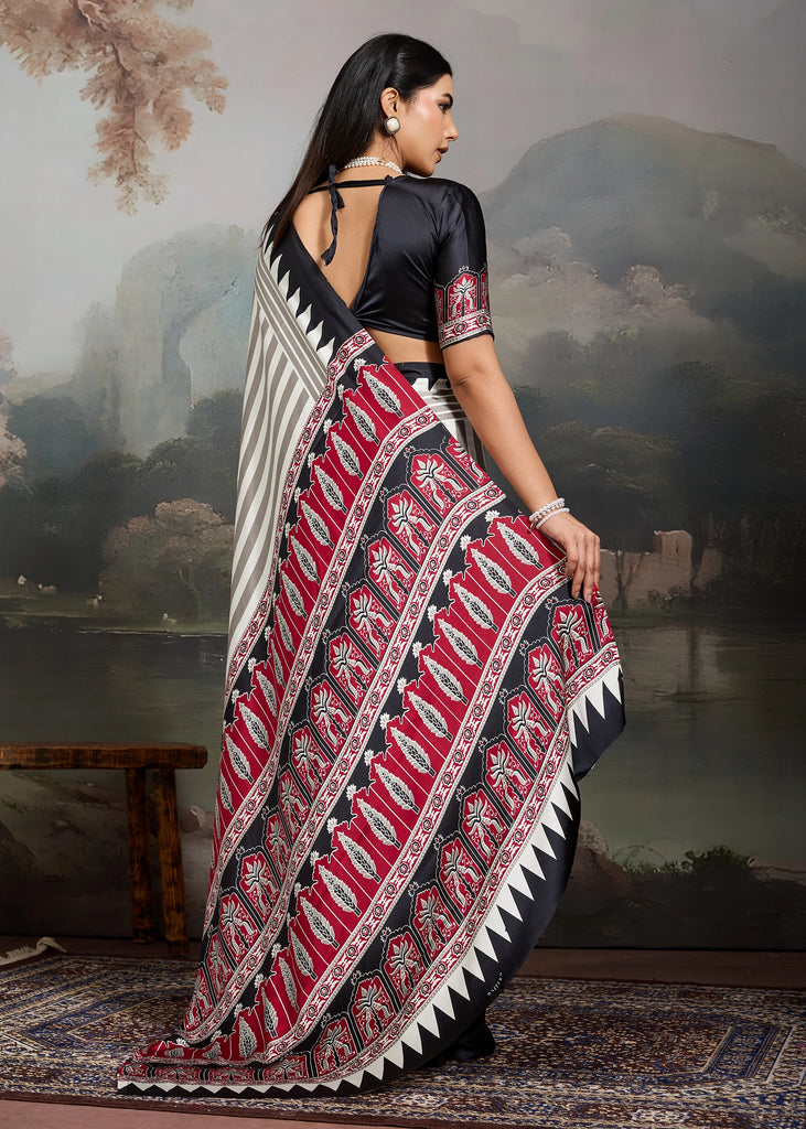 Black And White Printed Satin Silk Saree