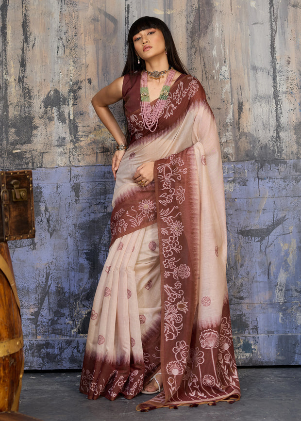 Coffee Brown Printed Cotton Silk Saree
