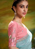 Sky Blue Heavy Embroidered Designer Silk Saree With contrast Blouse
