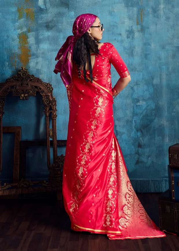Vermilion Red Woven Banarasi Satin Silk Saree