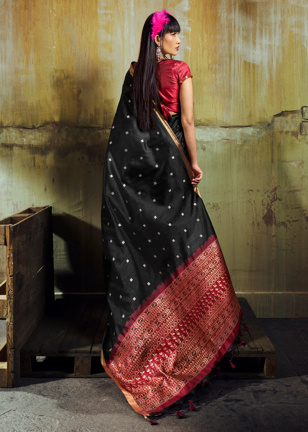 Ink Black Banarasi Tusser Silk Saree