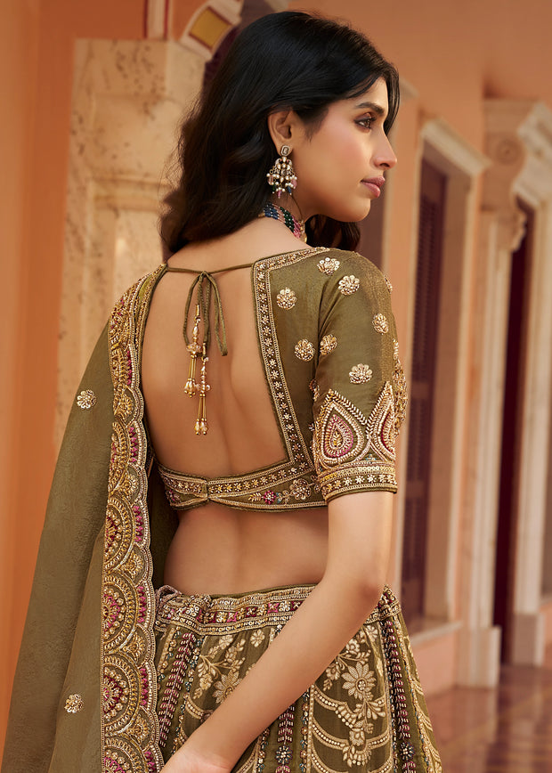 Olive Green Banarasi Silk Embroidered Lehenga