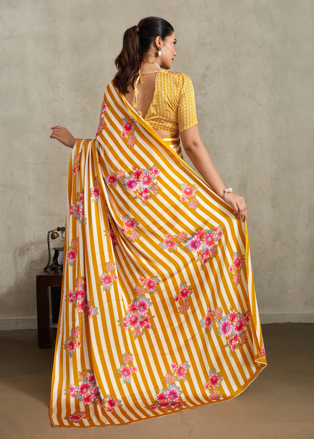 Bright Yellow Printed Satin Silk Saree