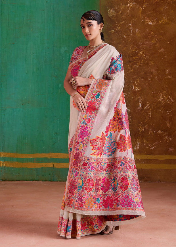 Desert White Woven Cotton Kashmiri Jamewar Saree