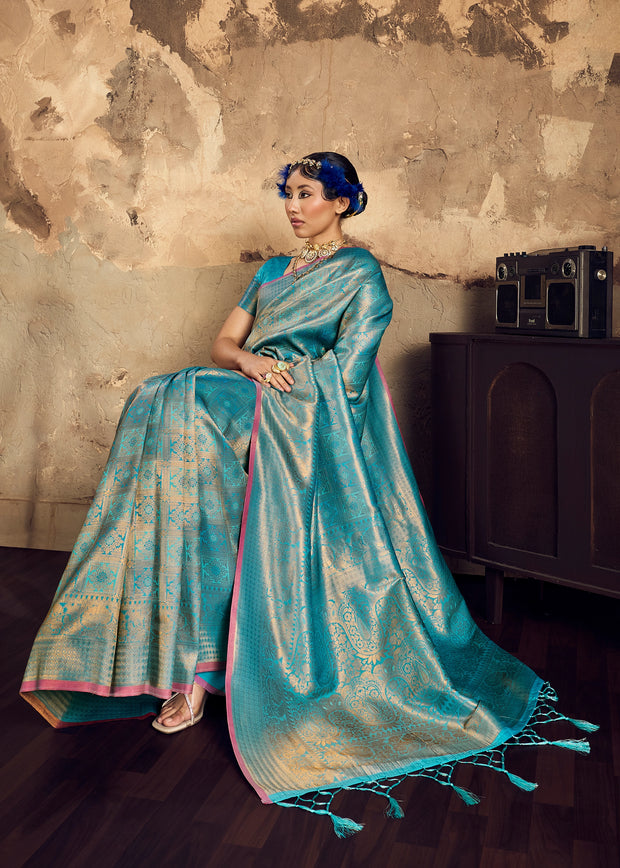 Firozi Blue Woven Kanjivaram Silk Saree