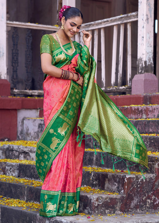 Peach Pink Woven Banarasi Silk Saree