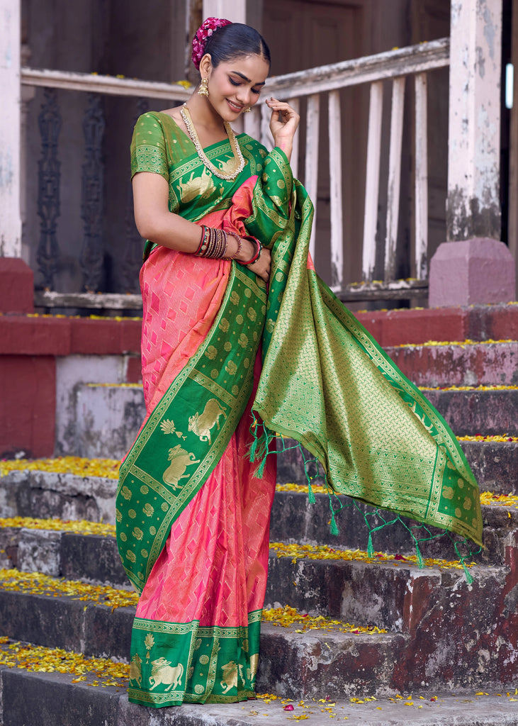 Peach Pink Woven Banarasi Silk Saree