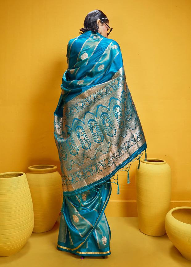 Vivid Blue Woven Banarasi Satin Silk Saree