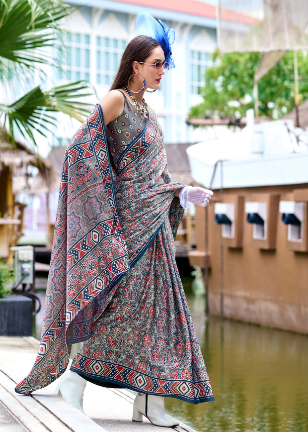 Strom Grey Satin Crepe Digital Printed Saga Saree With Contrast Blouse