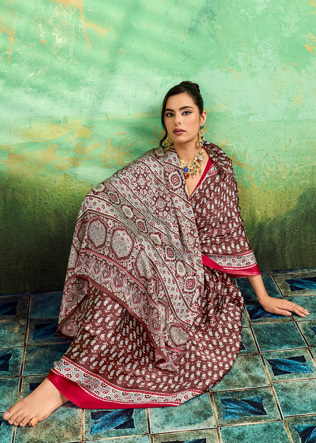 Chocolate Brown Printed Satin Silk Saree
