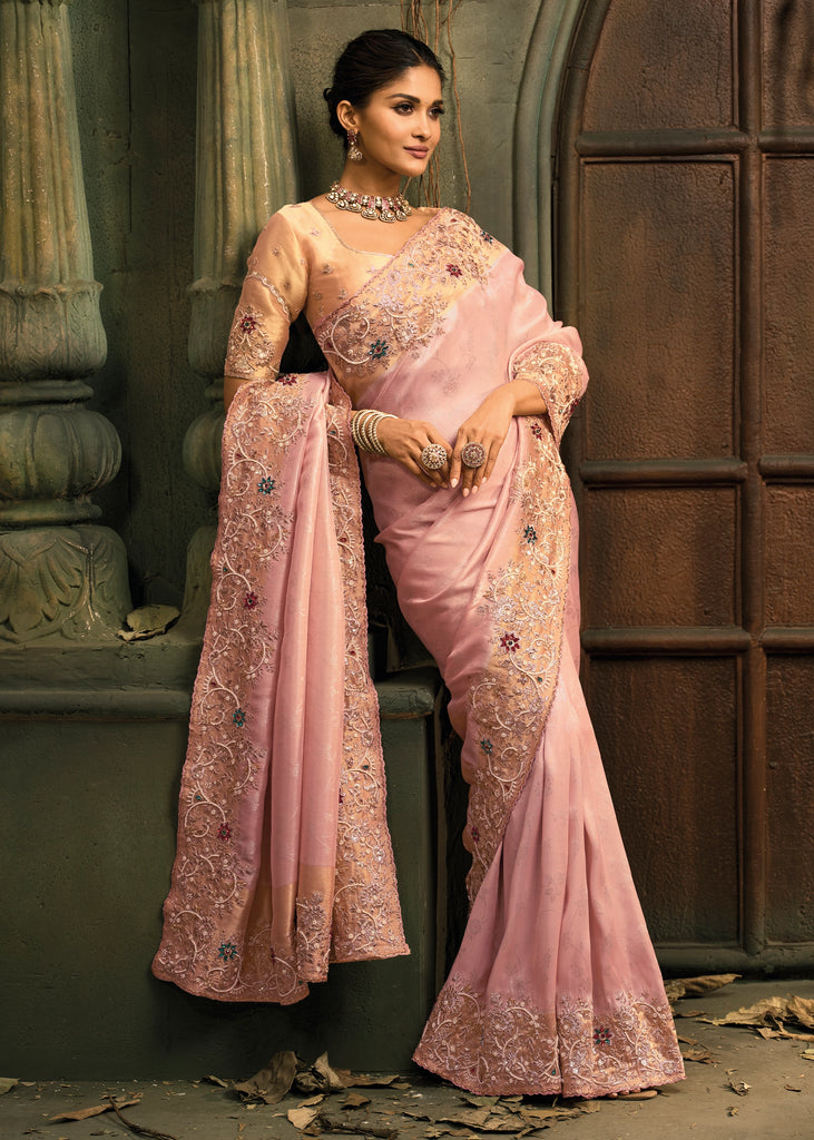 Baby Pink Designer Embroidered Silk Saree