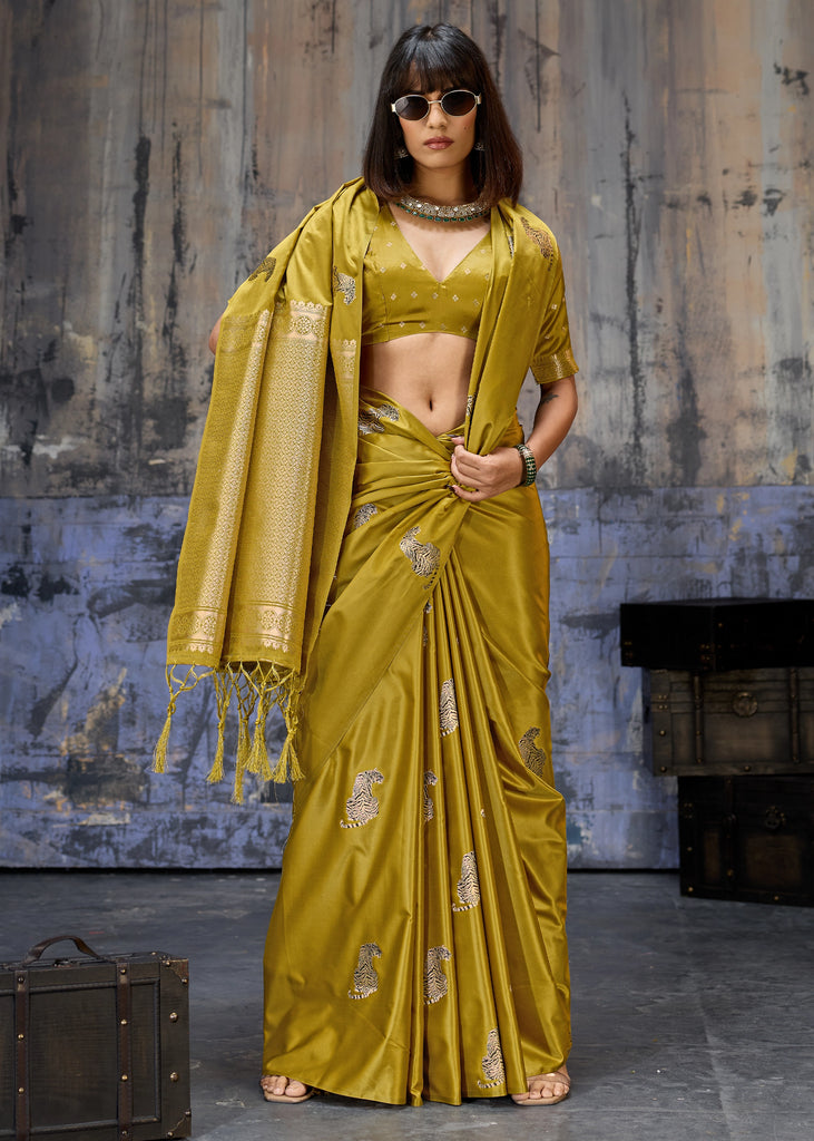 Mehandi Green Woven Banarasi Satin Silk Saree