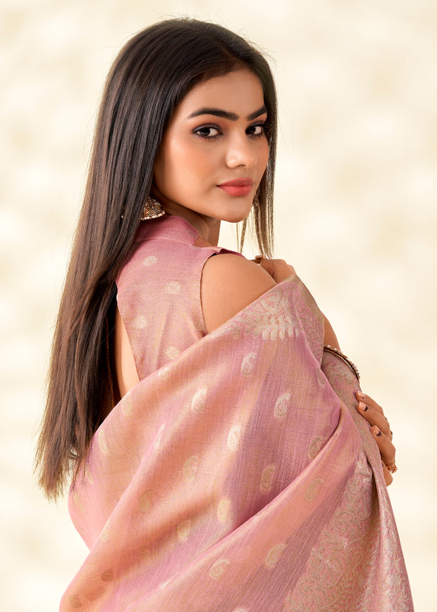 Mellow Pink Woven Linen Tissue Silk Saree