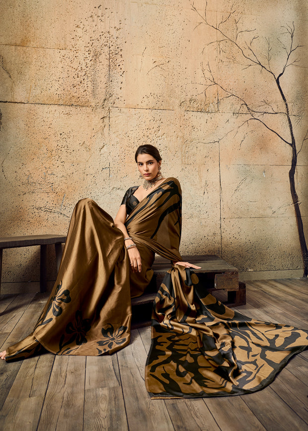 Cinnamon Brown Printed Satin Silk Saree