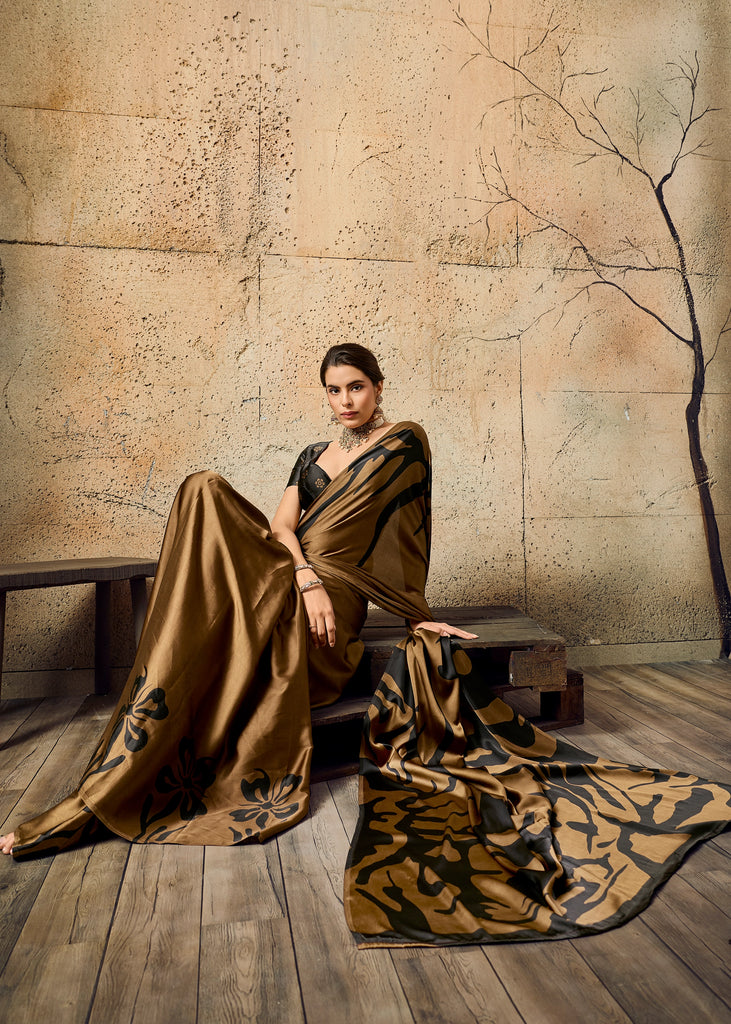 Cinnamon Brown Printed Satin Silk Saree