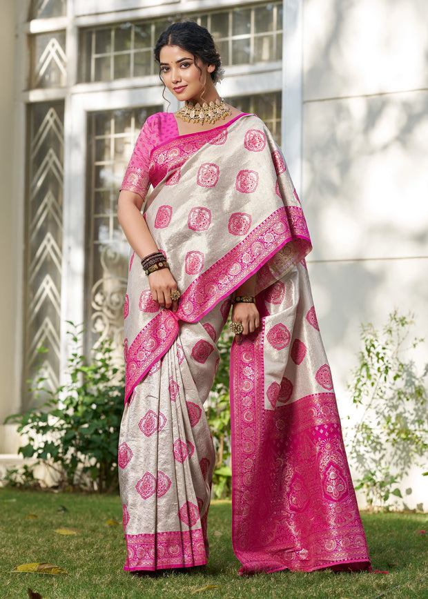 Magenta Pink Woven Banarasi Silk Saree