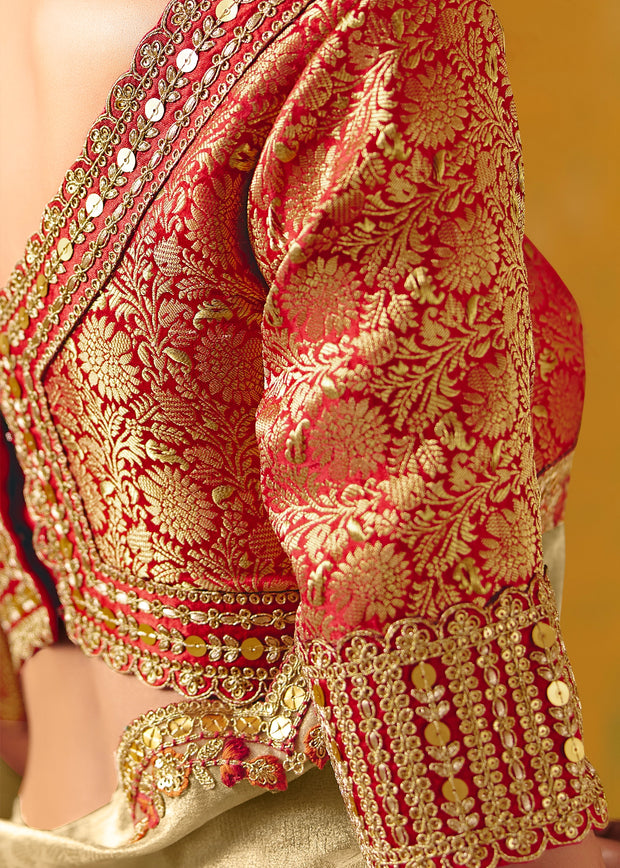 Golden Green Designer Embroidered Saree