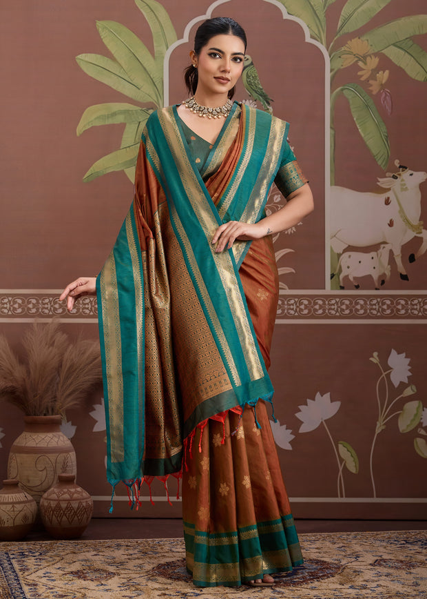 Hazel Brown Woven Banarasi Tussar Silk Saree