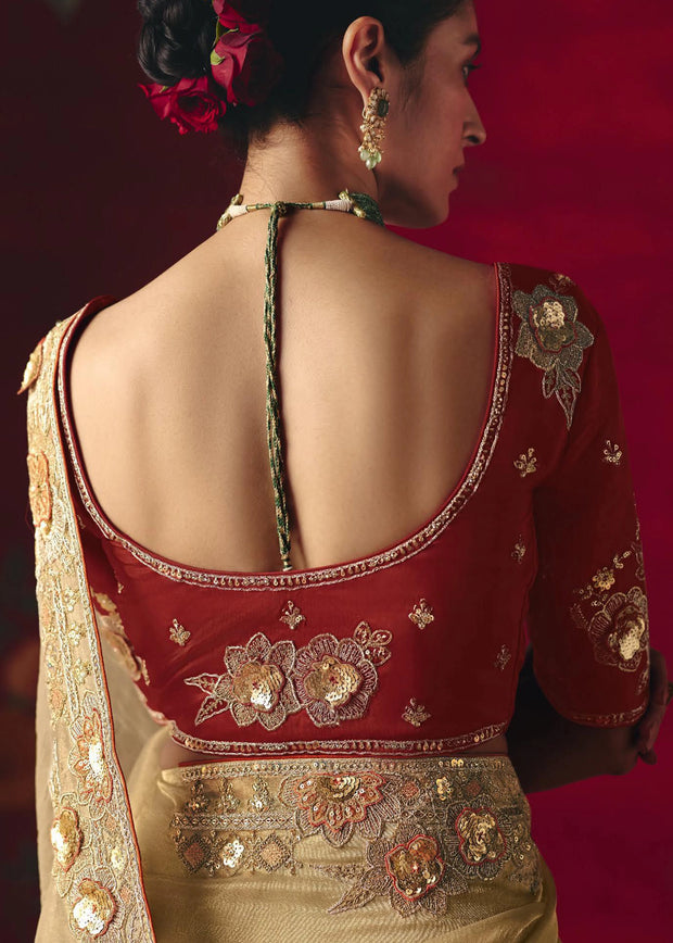 Cream Beige Designer Embroidered Saree