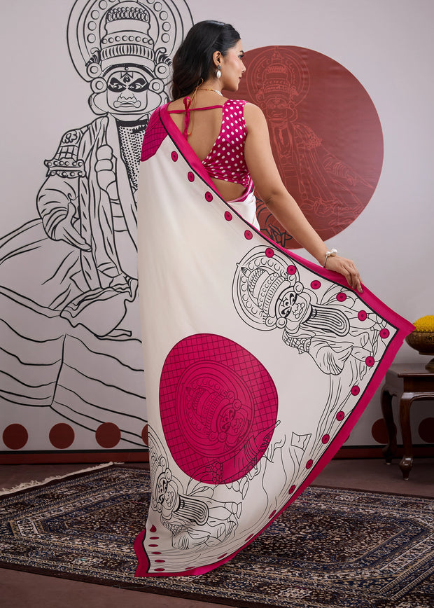 Hot Pink Printed Satin Silk Saree