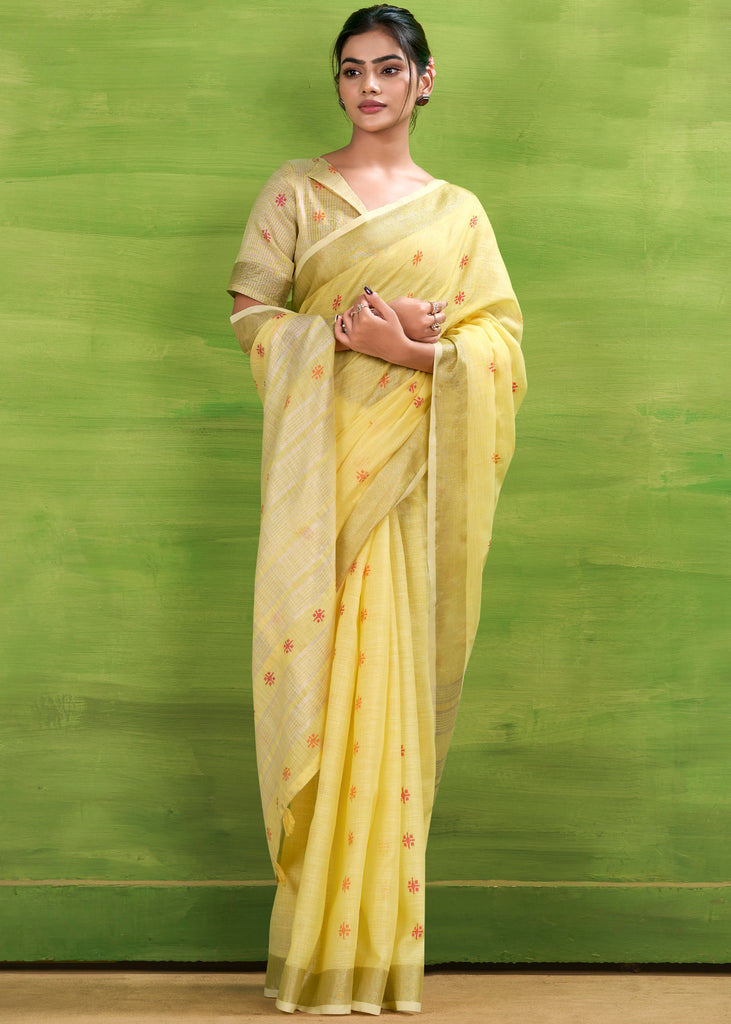 Pastel Yellow Woven Linen Silk Saree